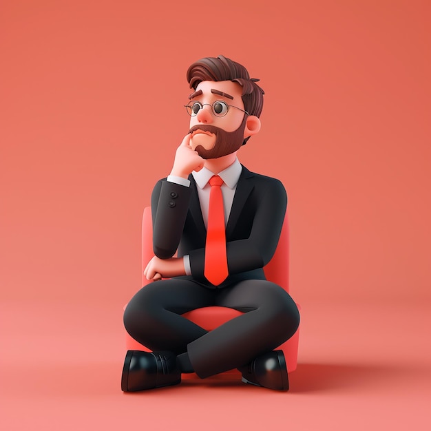 Cute Manager Sitting Back Thoughtfully 3D Illustration