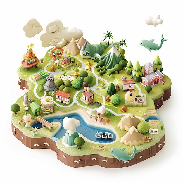 Cute Map 3D Cartoon Isometric Render on White Background