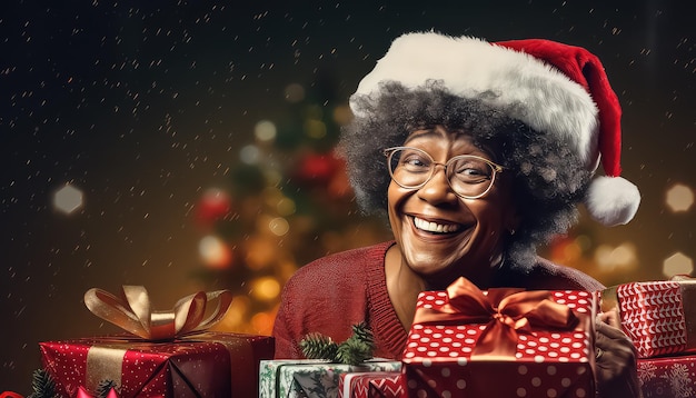 Cute mature afro american woman happy giving and receiving Christmas gifts