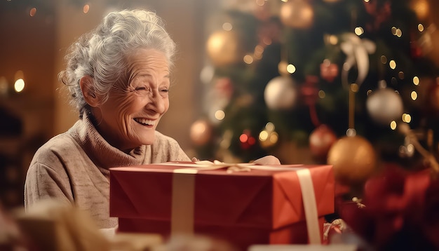 Cute mature woman happy giving and receiving Christmas gifts