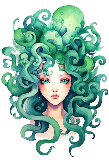 Cute medusa watercolor clipart cute isolated on white background with Generative AI Technology