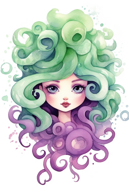 Cute medusa watercolor clipart cute isolated on white background with Generative AI Technology