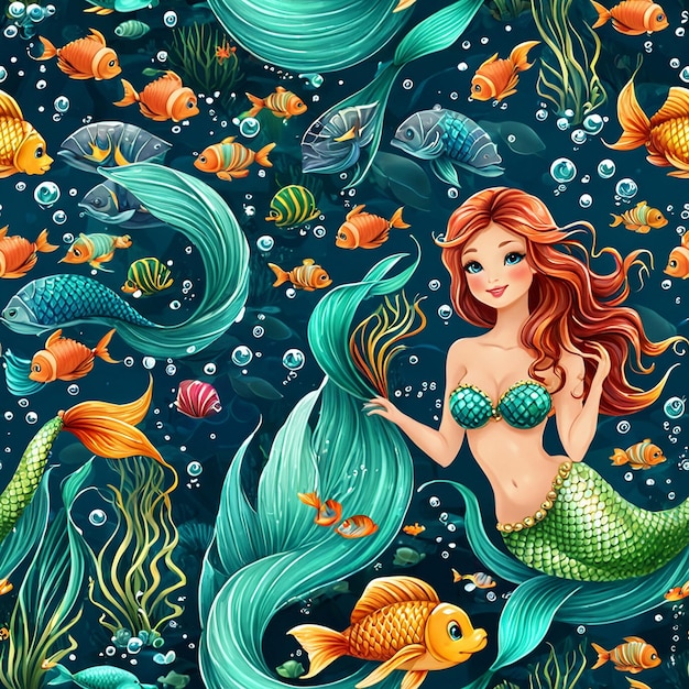 Photo a cute mermaid pattern with red hair under the sea