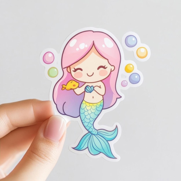 Photo cute mermaid sticker with bubbles