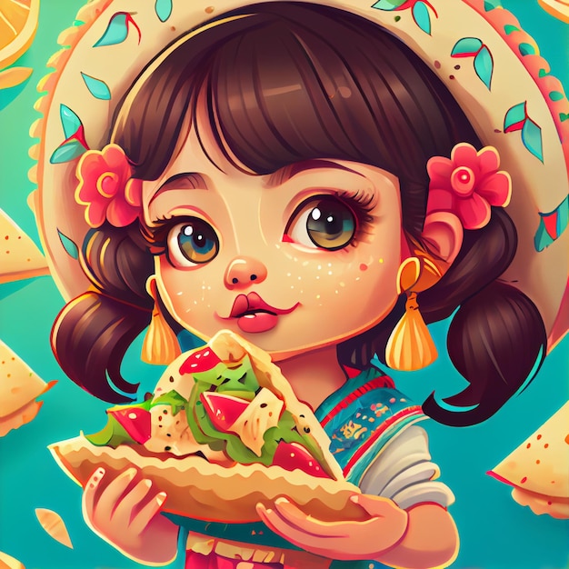 Cute Mexican girl eating tacos anime manga cartoon style