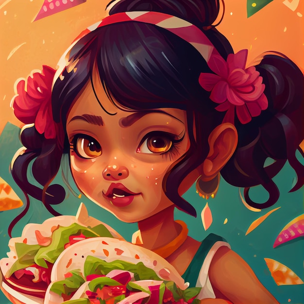 Cute Mexican girl eating tacos anime manga cartoon style