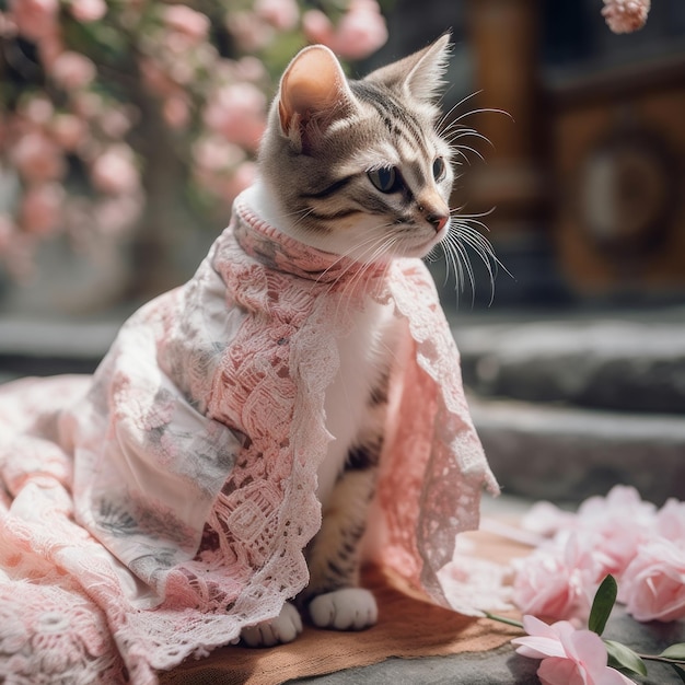 A cute miniature kitten in a gorgeous chinese dress