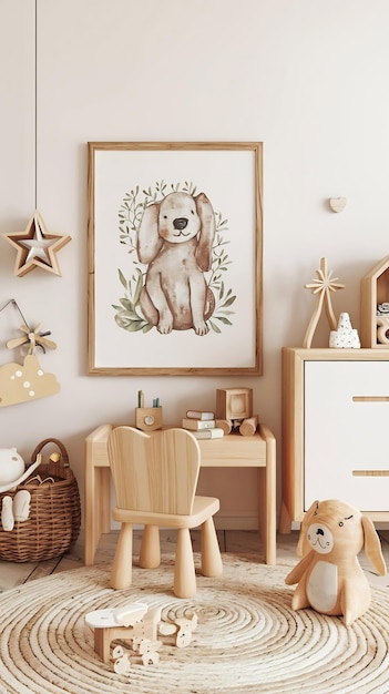 Cute mock up frame in children room with natural wooden furniture farmhouse style