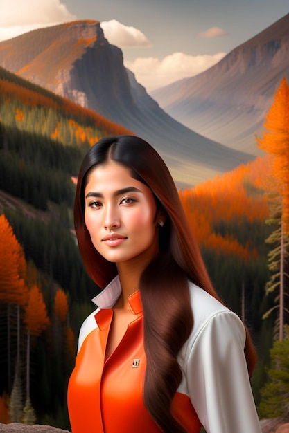 Cute model with slightly smile wearing orange and white suit landscape background