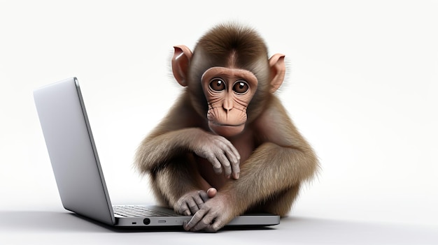 a cute monkey displaying an unhappy expression while sitting on a seat with a notebook computer the innocence and emotion of the monkey against a clean white background