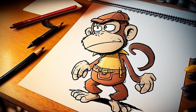 Cute monkey draw a in cartoon style baby Ai generated art