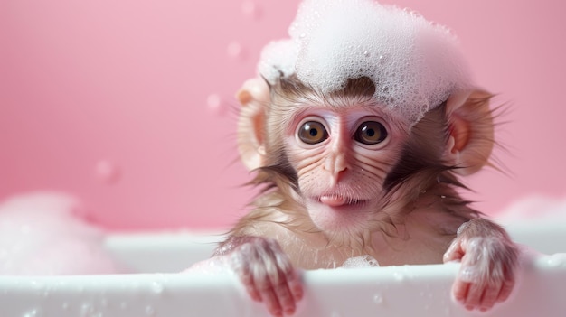 Photo a cute monkey sits in a bathtub with plenty of foam on his head