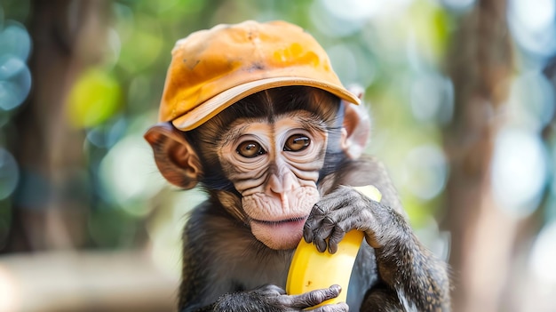 Photo a cute monkey wearing a yellow cap eats a banana