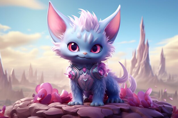 Cute monster cat on alien fantasy planet landscape