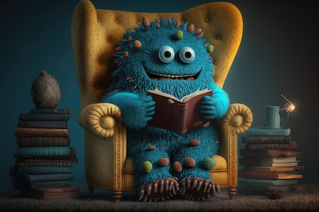 Cute monster is reading mystery novel in cozy armchair