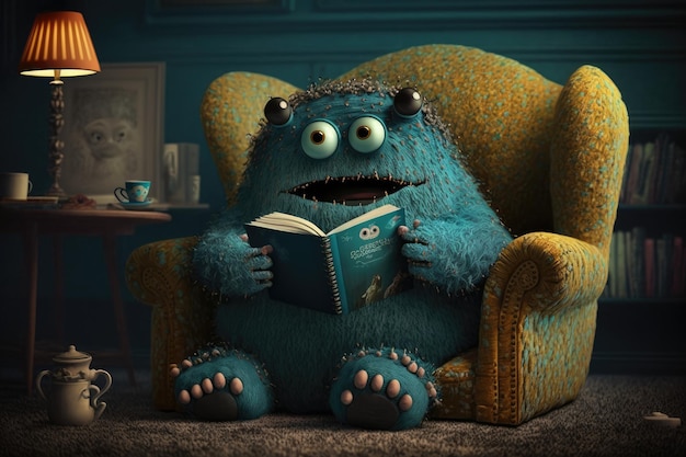 Cute monster is reading mystery novel in cozy armchair