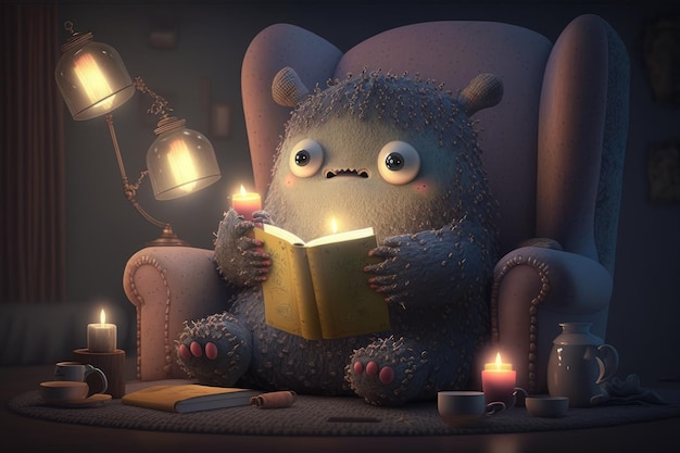 Cute monster reads book in cozy armchair surrounded by candles and tea cups