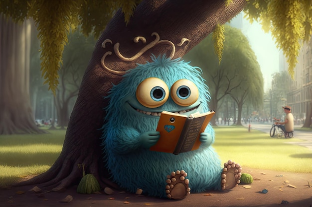 Cute monster reads a book under a tree in the park