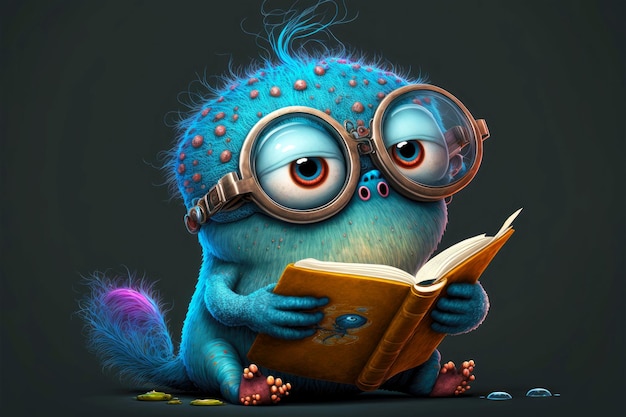 Cute monster reads books in big glasses on dark background generative ai