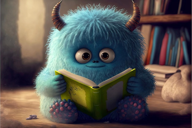 Cute monster reads books and grasps book in paws generative ai