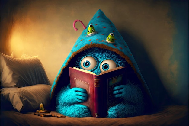 Cute monster reads books in hiding under hat generative ai