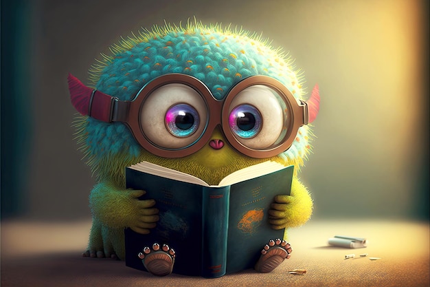 Cute monster reads books in large bright glasses generative ai