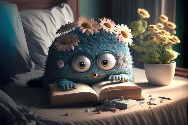 Cute monster reads books in room decorated with flowers generative ai