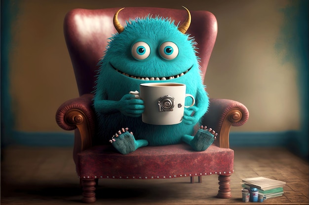 Cute monster reads books and sits in armchair with cup of coffee generative ai