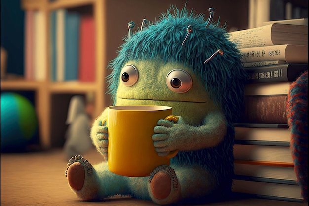 Cute monster reads books and sits in library with cup of tea generative ai