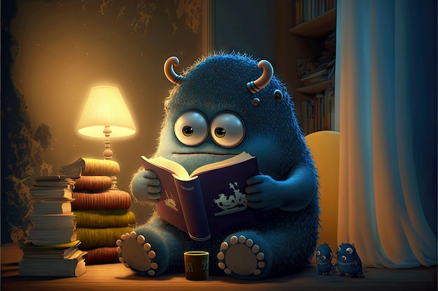 Cute monster reads books sitting at night in house generative ai