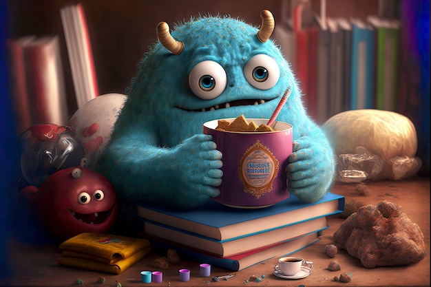 Cute monster reads books in study with tea and snacks generative ai