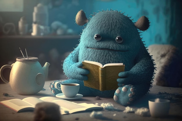 Cute monster relaxes with cup of tea reading book in peaceful and serene environment