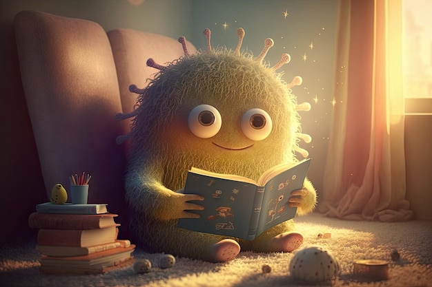 Cute monster sits in sunbeam reading book and enjoying peaceful moment