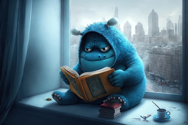 Cute monster sits on window sill reading book while overlooking the city