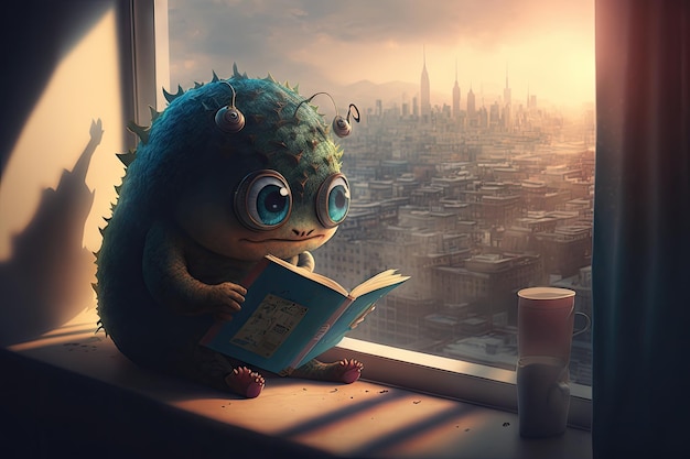 Cute monster sits on windowsill reading book and looking out at the cityscape below