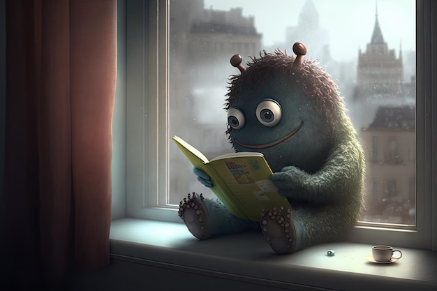 Cute monster sits on windowsill reading a book while looking out at the view