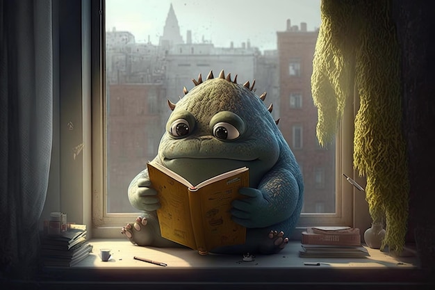 Cute monster sits on windowsill reading book with view of the outside world