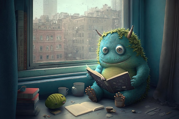 Cute monster sits on windowsill reading book with view of the outside world