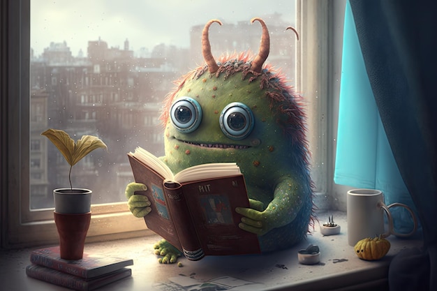 Cute monster sitting on windowsill with view of the outside world holding favorite book