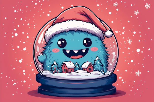 Cute Monster in a Snow Globe with a Winter Wonderland Inside