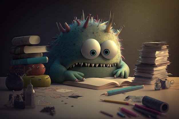 Cute monster studies for school exams with piles of books and notes on the desk