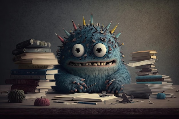 Cute monster studies for school exams with piles of books and notes on the desk