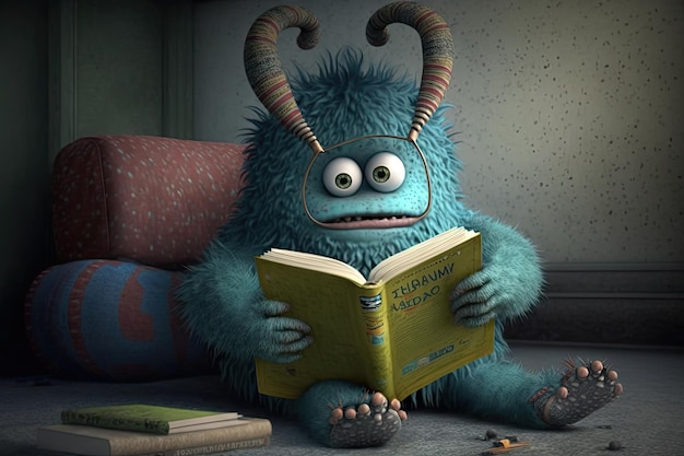 Cute monster takes a break from reading and stretches its arms with book nearby