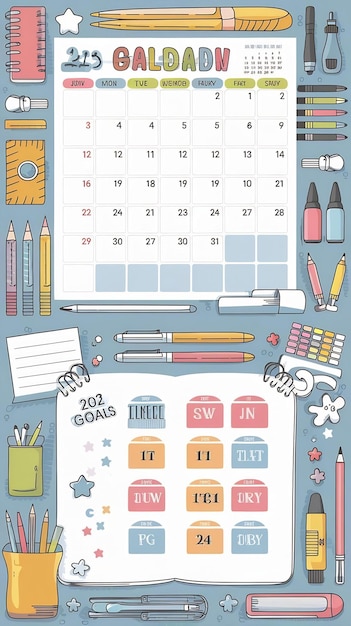 Photo cute monthly calendar template school stationery and art supplies cartoon style