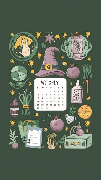 Photo cute monthly calendar template with magic occult things witchcraft cartoon style