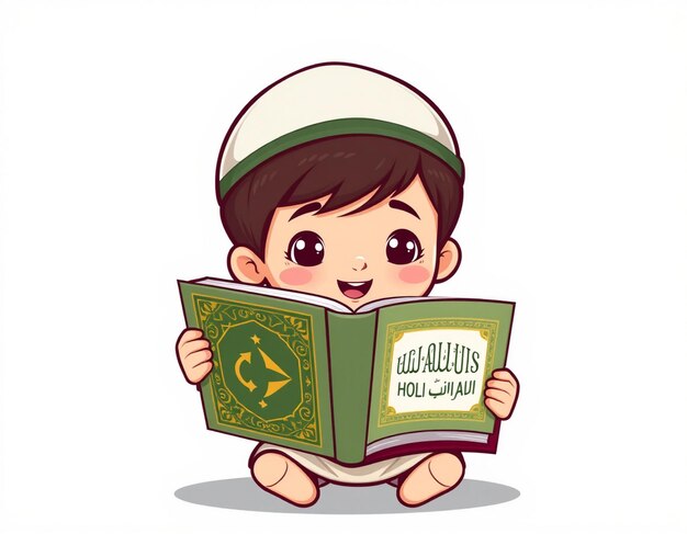 Photo cute moslem boy holding holy quran cartoon vector icons illustration flat cartoon concept suitable for any creative project