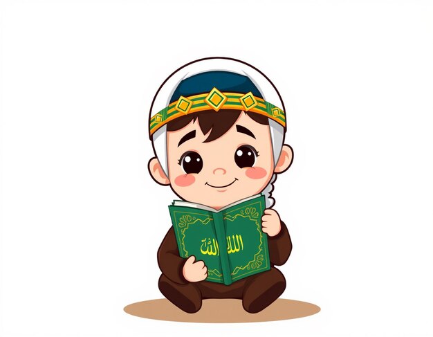 Photo cute moslem boy holding holy quran cartoon vector icons illustration flat cartoon concept suitable for any creative project