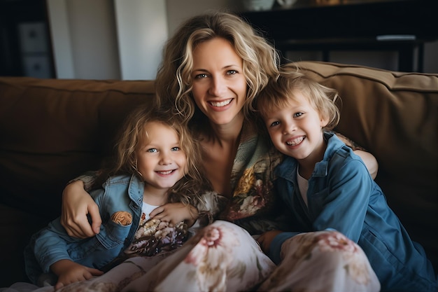 Photo cute mother children sitting couch