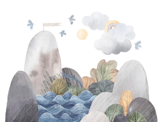 Cute mountain landscape hills lake and bird clouds Watercolor illustration Watercolor illustration