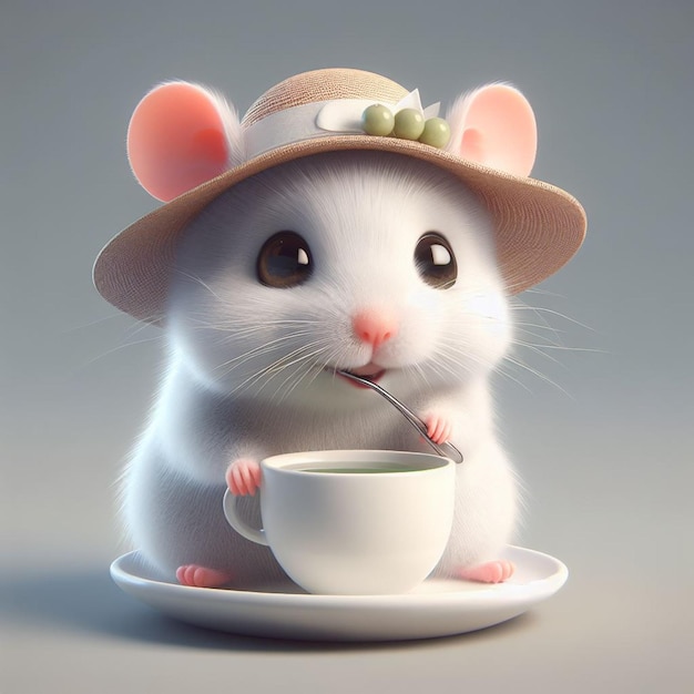 A cute mouse in a hat drinking tea